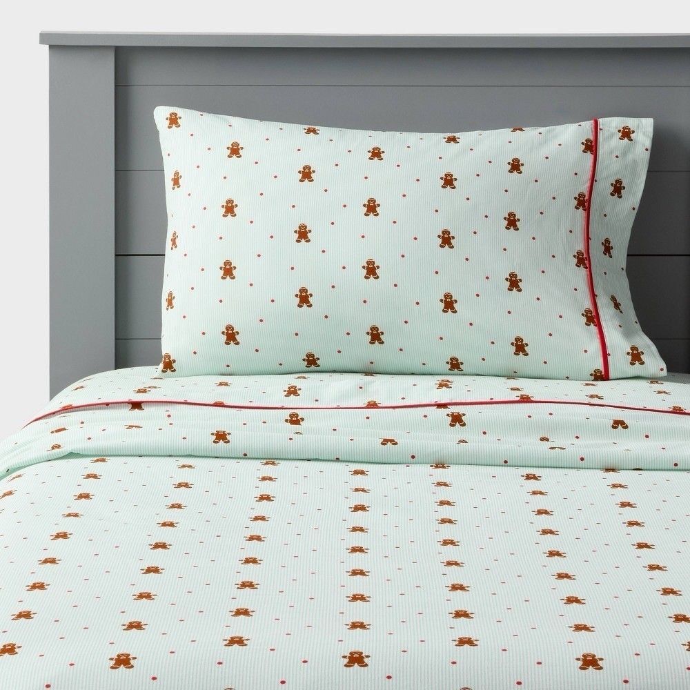 Pillowfort Gingerbread Twin Sheet Set Cotton Kids Holiday Bedding NEW